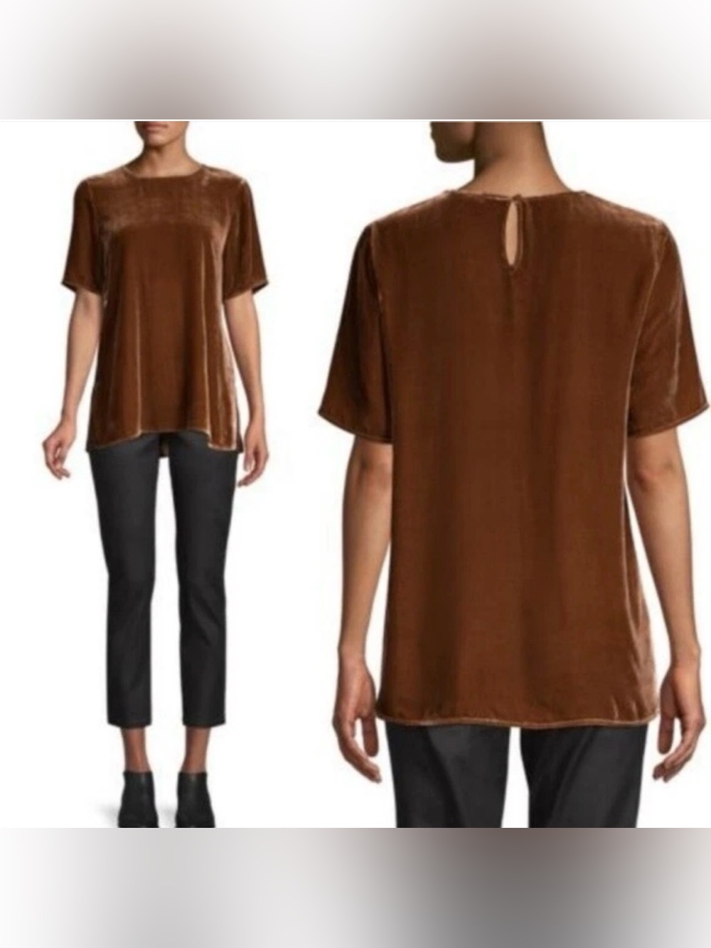 Eileen Fisher Silk Blend Short Sleeve Velvet Tunic Top Blouse in Nutmeg Brown